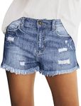 luvamia Women's Casual Mid Rise Denim Shorts Stretch Ripped Raw Hem Jean Shorts, G Wategos Blue Rip, Medium