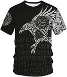 ENLACHIC Men's Vikings T Shirt Tops Novelty 3D Print Norse Mythology Pullover Tee,Odin's Raven,L