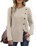 Aokosor Womens Long Sleeve Tops Ladies Lightweight Jumpers Button Front Slit Tunic Beige Size 14-16