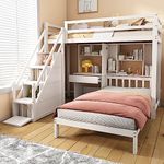 Gelukueub Wood House Bunk Bed 90 * 190 cm, Bunk Bed for kids, Multifunctional Children's Bed, Double Bed, Storage Space Function, With Desk And Shelves, With Slatted Frame, White