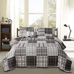 Bedspread Set King Size Quilt Set Plaid Bed Spread Coverlet Black White Grey Plaid Patchwork Stripe Modern Quilt Bedspread Bedding Soft Lightweight Reversible Home Bedding Mens Quilts for King Bed