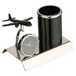 ZAHEPA Aeroplane Miniature Metal Pen Stand With Clock,Stylish Stationary Desk Organizer,Pencil Holder,Elegant Corporate Gift Set,Durable Decorative Showpiece For Office,Doctors,Lawyers(Black)