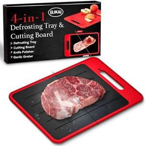 4-in-1 Defrosting Tray for Frozen Meat with Cutting Board, Knife Sharpener & Garlic Grater - Self Thawing Tray & Non-Slip Red Chopping Boards by EliKai