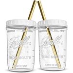 Reusable Wide Mouth Smoothie Cups Boba Tea Cups Bubble Tea Cups with Lids and Gold Straws Ball Mason Jars Glass Cups (2-pack, 16 oz mason jars)