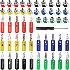 KUOQIY 50 Pièces Borne de Prise Banane 4mm, Connecteur Femelle Panneau Banane + Plaquée Nickel Banane Fiche, avec Tournevis (25 Paires 5 Couleurs)