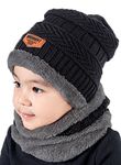 T WILKER 2Pcs Kids Winter Knitted Hats+Scarf Set Warm Fleece Lining Cap for 5-14 Year Old Boys Girls