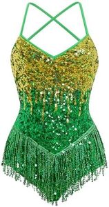 Fringe Sequin Dress for Women Backless Adjustable Straps Tassel Cami Leotard One Piece Bodysuit Latin Jazz Dance Romper Dress Trapeze Artist Rave Concert Outfits Party Clubwear Green XL