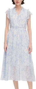 GOELIA Women's 100% Mulberry Silk Floral Maxi Dress Light Blue Ruffle V-Neck Flutter Sleeve Summer Wedding Guest Dress for Vacation Beach