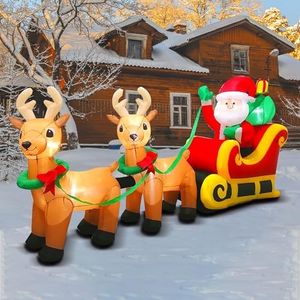 PARAYOYO Papá Noel con 2 Renos en el Trineo Inflable navideño de 240CM de Largo, Papá Noel y Renos con Luces LED para la decoración al Aire Libre navideño
