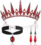 Yinkin 3PCS Gothic Halloween Costumes Accessories Set, Red Black Gothic Queen Crown Vampire Choker and Bat Dangle Earrings for Vampire Bride Costume, Witch Jewelry Gift or Halloween Prom Outfit,