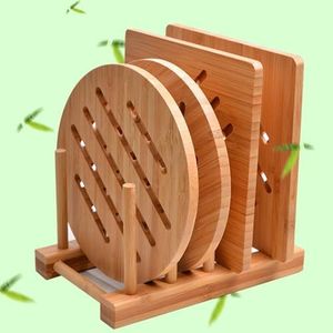 Bamboo Trivet Kitchen Bamboo Hot Pads Trivet Natural Bamboo Trivet Mat Set for Hot Dishes/Pot/Bowl/Teapot/Hot Pot Holders 2 Square 2 Roundness 1 Storage Rack