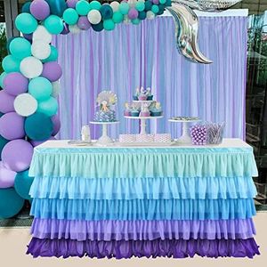 Mermaid Tablecloth Purple Tulle Table Skirt 5 Tier Ruffle Blue Table Skirting Mermaid Party Decoration