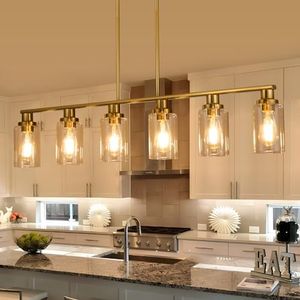 KPIOK Kitchen Island Lighting, 6-Light Modern Dining Room Light Fixture Over Table,44.3'' Vintage Farmhouse Gold Linear Chandelier, Industrial Pendant Lights for Kitchen Island with Clear Glass Shade