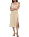 LuFeng 2024 Women's Summer Sleeveless Sqaure Neck Maxi Dress Casual Flowy Ruffled Long Beach Sundress, Khaki, L