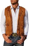 COOFANDY Men's Western Cowboy Vest Casual Fringe Hippie Costume V Neck Zipper Suede Leather Halloween Waistcoat