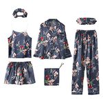 UK Stock Sale 7 Pieces Women's Pajamas Sets Faux Silk Pyjama Women's Pajamas Sleepwear Sets Spring Summer Homewear Sleepwear Nightwear Set Ladies Comfort Cotton Everyday Bra Gift for her Girls