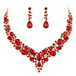 BriLove Wedding Bridal Jewelry Set for Women Austrian Crystal Teardrop Cluster Statement Necklace Dangle Earrings Set Ruby Color Gold-Toned