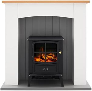 Dimplex Oakmead Optiflame Electric Fire Suite, Black Wood Burner Style Stove Suite with Ivory Surround, LED Flame Effect with Adjustable Fan Heater, Complete Electric Fireplace and Remote Control