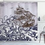 ABAKUHAUS Nautical Shower Curtain, Octopus Kraken Tentacles with Ship Sail Old Boat in Ocean Waves Marine Theme, Cloth Fabric Bathroom Decor Set with Hooks, 175 x 180 cm, Navy Blue Brown