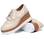 DADAWEN Women's Fashion Tassels Square-Toe Lace-up Platform Wedge Oxford Shoes Beige US Size 6