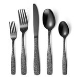 OIULO 40-Piece Gothic Black Flatware Set,Skull Embossed Pattern Silverware Set for 8,Unique Pattern Design,Mirror Finished Cutlery for 8,Halloween Tableware Utensils for Kitchen Square