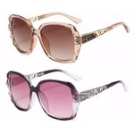 2 Pack HD Anti Glare Sunglasses with Polarized Lens for Man and Women UV Protection Trendy Oversized Sun Glasses (Champagne&Purple)