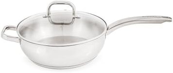 Berghoff Belly Shape 18/10 Stainless Steel 9.5 Inches Deep Skillet 3.2qt., Glass Lid, Fast, Evenly Heat, Induction Cooktop Ready