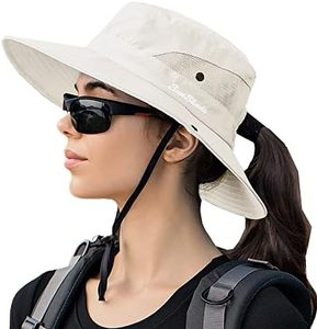 KorhLeoh Sombrero de sol para mujer, protección UV, sombrero de pesca de ala ancha, sombrero de verano para playa, sombrero de safari booney bucket, beige, 56-58