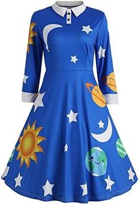 ZEZCLO Women's Long Sleeve Peter Pan Collar A-line Dress Halloween Costume Vintage Solar System Fit and Flare Dresses Blue L