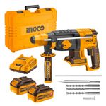 INGCO 20V Brushless SDS Plus Rotary Hammer Drill 1100RPM, 26mm in Concrete, 4IN1 Function Adjust Knob, with 3Pcs Drill Bits and 1Pcs Chisel, 2Pcs 4.0Ah Battery and 1Pcs Fast Charger CRHLI202287