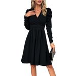 Hotexy Women's Fall Winter Dresses for Women 2024 High Waist Puff Long Sleeve V Neck Mini Dress,Black,Medium