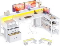 ODK L Shaped Desk with File Drawer, 66" Reversible L Shaped Computer Desk with Power Outlet & LED Strip, Home Office Desk with Storage Shelves, Gaming Desk with Monitor Shelf, Corner Desk, White