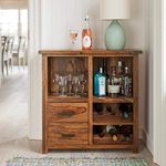 WoodMarwar Sheesham Wood Bar Cabinet for Home | Solid Wooden Bar Cabinets for Living Room | Wine Storage Rack with Drawer, Shelves & Glass Holder | Rosewood, Natural Brown