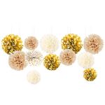 NICROHOME White Gold Wedding Party Decorations -12 PCS Champagne Ivory Tissue Paper Pom Poms for Birthday Party, Bachelorette, Graduation, Baby Bridal Shower, Anniversary, Hen Party Supplies