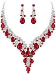 BriLove Women's Wedding Bridal Austrian Crystal Teardrop Flower Leaf Vine Cluster Statement Necklace Dangle Earrings Jewelry Set Ruby Color Silver-Tone