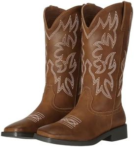 SheSole Women's Cowgirl Cowboy Boots Mid Calf Square Toe Western Dark Tan Boot US Size 9.5