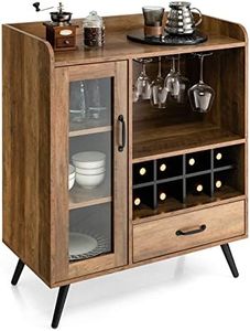 COSTWAY Armario de Vino, Gabinete de Licor con Puerta y Cajón, Gabinete de Almacenamiento de Madera con Estante de Vino y Portavasos, Aparador Industrial con Patas de Metal para Cocina