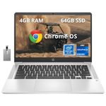 HP Chromebook 14" Anti-Glare HD Laptop, Intel Pentium Silver N5000, 4GB RAM, 64GB eMMC, Intel UHD Graphics 605, HD Camera, Audio by B&O, Wi-Fi, Bluetooth, Chrome OS, Silver, 32GB Hotface USB Card