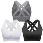 FITTIN Sports Bras for Women Padded: Adjustable Cross Back Seamless Bras Pack for Workout Yoga Black/White/Grey