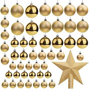 Belle Vous Lot de 50 Boules de Noel Or avec Etoile - Boule de Sapin Brillantes de Différentes Tailles avec 1 Etoile - Decoration Sapin Noel Or pour Fête de Noël, Déco Intérieure et Extérieure