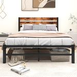 VERFARM Full Metal Platform Bed Frame with Rustic Vintage Wooden Headboard, Mattress Foundation, No Box Spring Needed/Noise-Free/Easy Assembly, Black-Brown