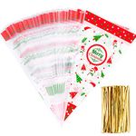 Whaline 100 Pieces Christmas Cello Cone Bag Clear Cello Bag Popcorn Bag with 100 Gold Twist Ties for Christmas Party Festival Favor