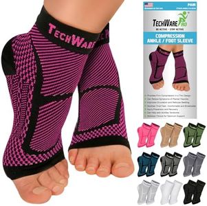 TechWare Pro Ankle Brace Compression Sleeve - Relieves Achilles Tendonitis, Joint Pain. Plantar Fasciitis Foot Sock with Arch Support Reduces Swelling & Heel Spur Pain. (Black/Pink, S/M)