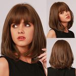 EMMOR Short Brown Bob Wig for Women Natural Curly Synthetic Wigs With Bangs for Girls Party Cosplay Daily Use Wig