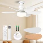 Ceiling Fan Light, FIBRAVE E27 Fan Lights with Remote Control, Stepless Dimmable 30W 1800 Lumens 3000-6500K 3-Color 3-Speed, Small Ceiling Fan with Light for Bedroom, Kitchen, Bathroom (White)