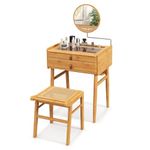 CHARMAID Makeup Vanity Table with Stool, Bamboo Vanity Desk with Rotating Mirror, 2 Drawers, Deep Storage Alcove, Tempered Glass Tabletop, Girls Dressing Table for Small Space Bedroom (Vanity Set)