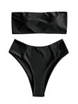 ZAFUL Women's High Cut Bandeau Bikini Set Strapless Solid Color 2 Pieces Bathing Suit Swimsuit Black S