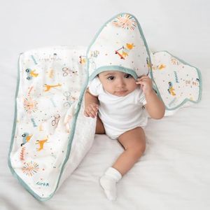 haus & kinder Hooded Baby Bath Towel for Newborn Baby | Terry Muslin Baby Towel | Baby Towels Newborn | 80 x 80 cm | Jungle Party | 0–12 Months