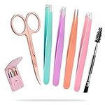 Eyebrow Tweezer Set, 6-Pcs Tweezers Set for Women, Precision Tweezer for Eyebrows with Curved Scissors for Ingrown Hair, Hair Plucking Daily Beauty Tools with Leather Travel Case