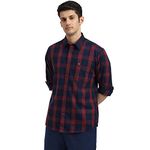 Arrow Men's Checkered Full Sleeve Slim Fit Point Collar Cotton Casual Shirt Navy Blue